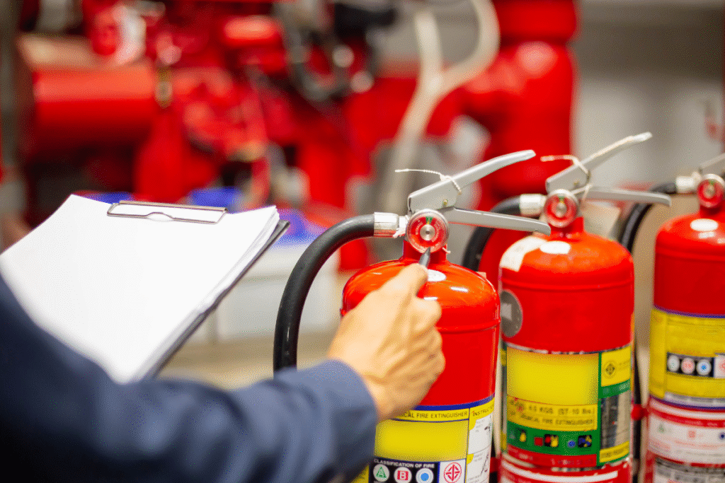 A person holding a clipboard with fire extinguishers