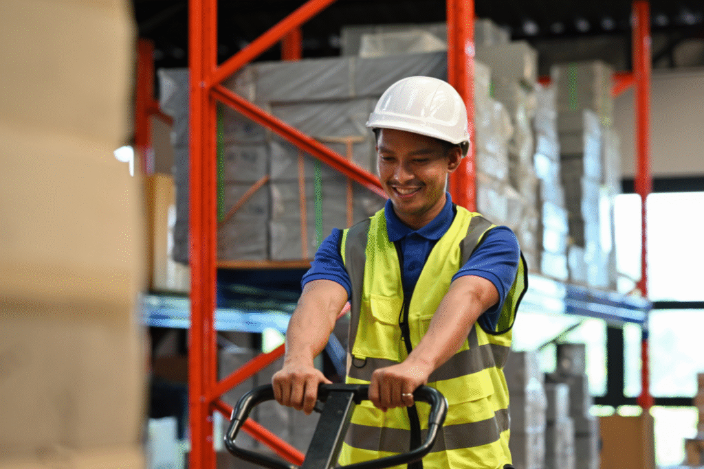 A man working in a warehouse with a yellow high-viz and white protection hat on is pulling a load of boxed packages