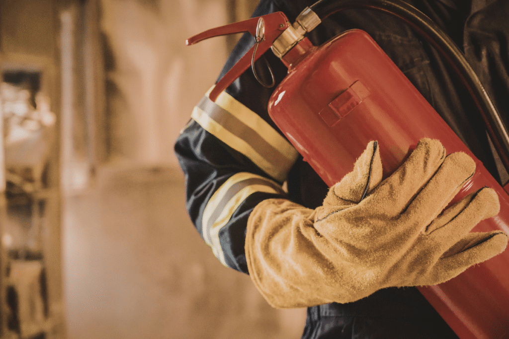 Someone with protective yellow gloves on and a protective suit holding a red fire extinguisher in a warehouse