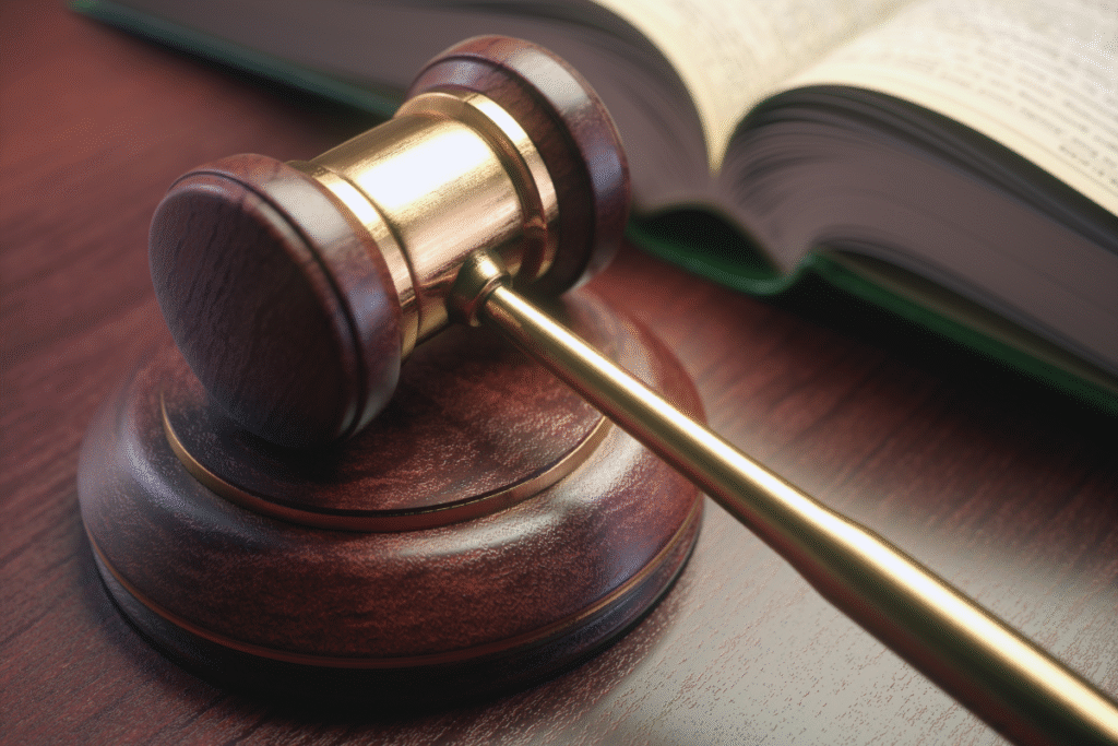A dark wooden and gold judge's gavel on a block of wood and an open book