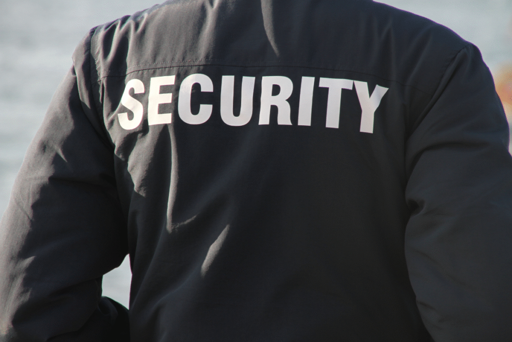 A person with a black security jacket on with white writing saying security on the back