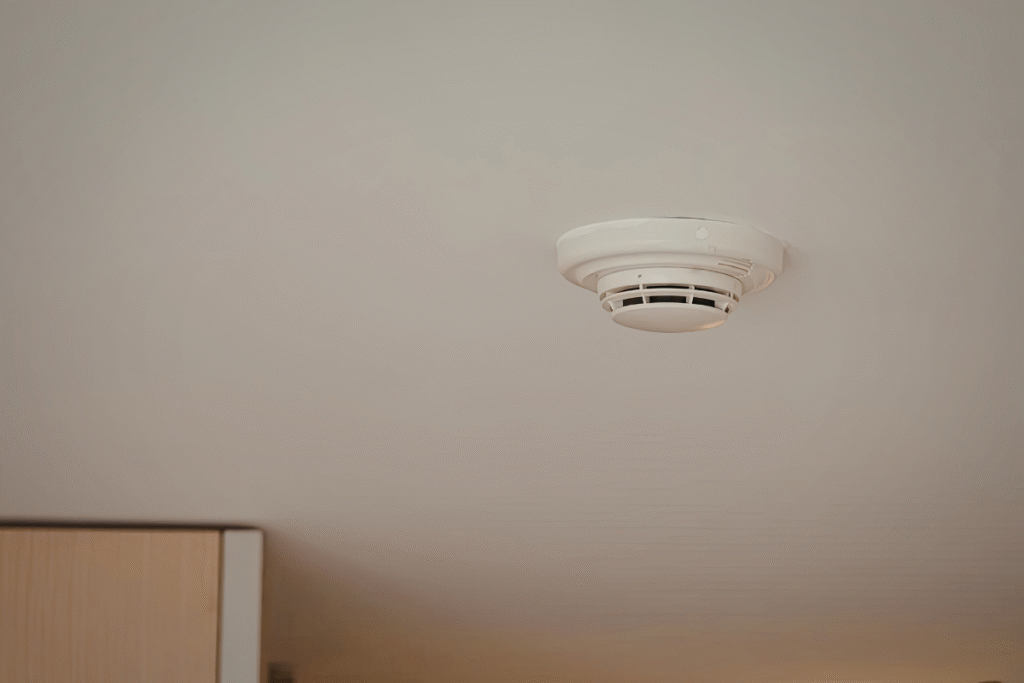 White smoke alarm attached to ceiling of a room