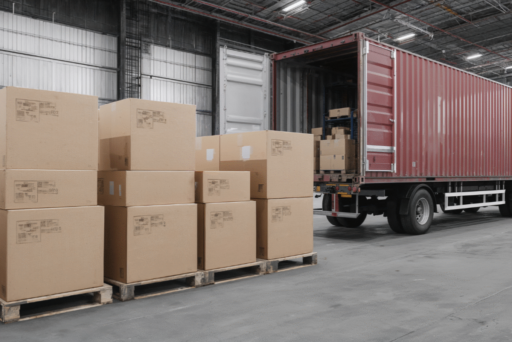 Boxes of cargo from a delivery in a warehouse