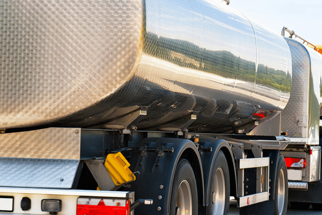 Silver water tank truck