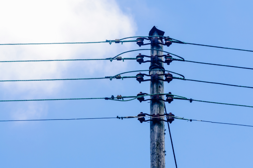 Overhead powerline with blue sky and clouds