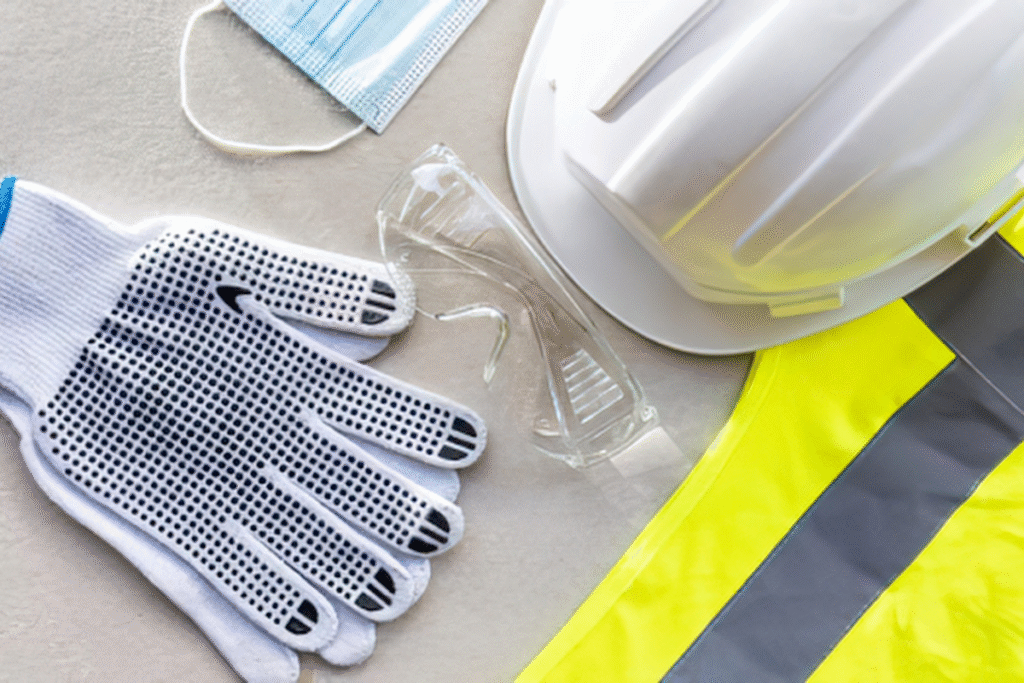 Personal Protective Equipment is laid out on a table. A hard hat, gloves, disease mask, and hi-viz.