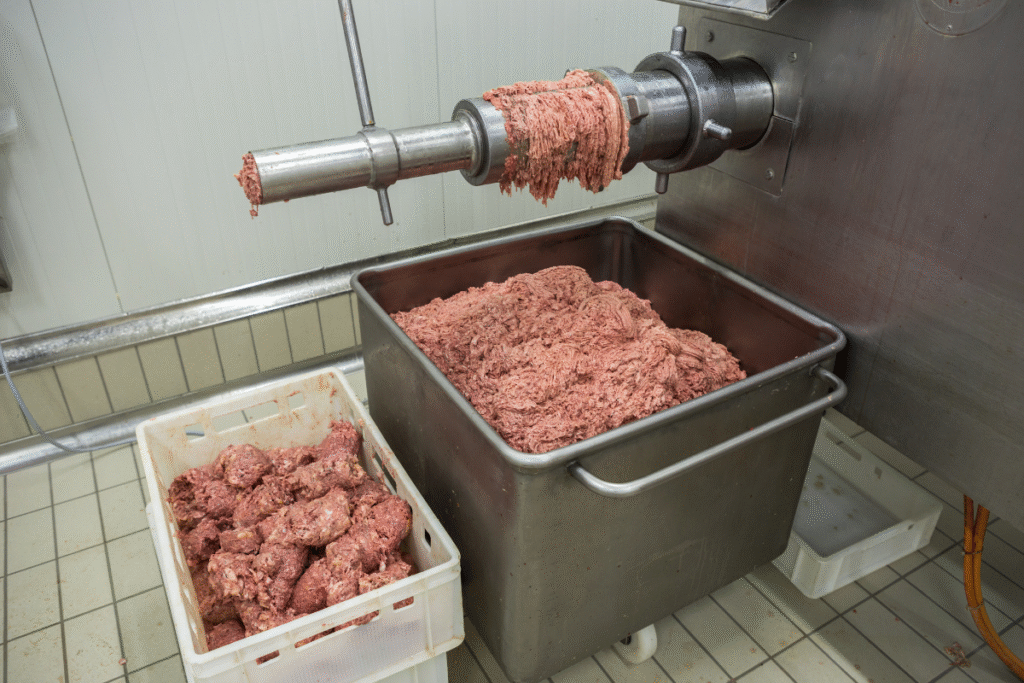 commercial grinder with minced meat coming out of it in a large industrial metal tray