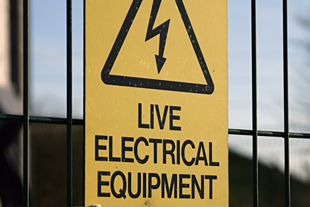 Live electrical equipment sign with black writing and yellow back.