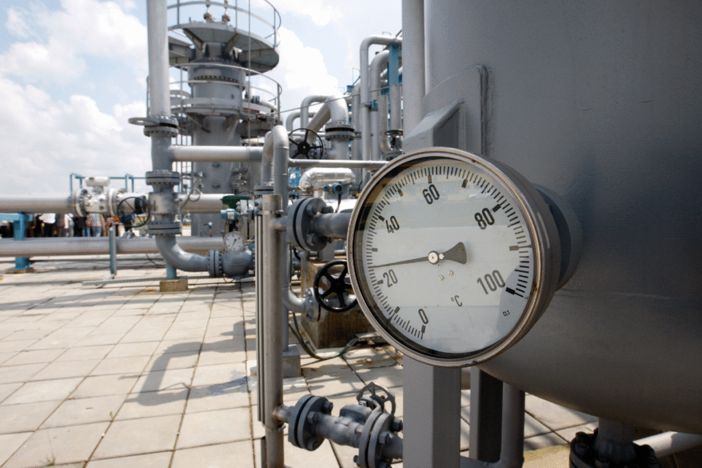 large steel gas tower with a pressure clock