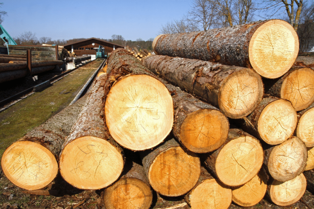 A lumber mill with large logs of lumber stacked and machinery
