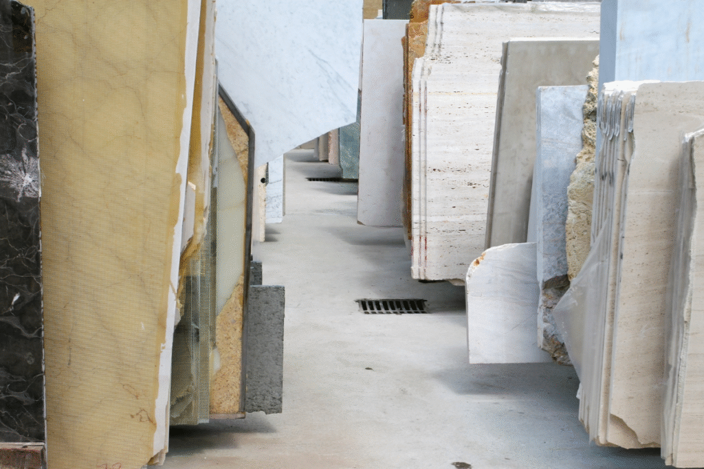 marble slabs of various colours and grains in a warehouse stacked up