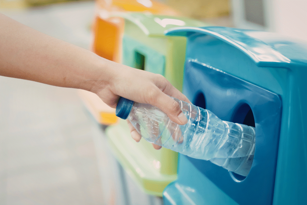 A person putting plastic waste in a blue recycling bin with all different colours of bins next to it