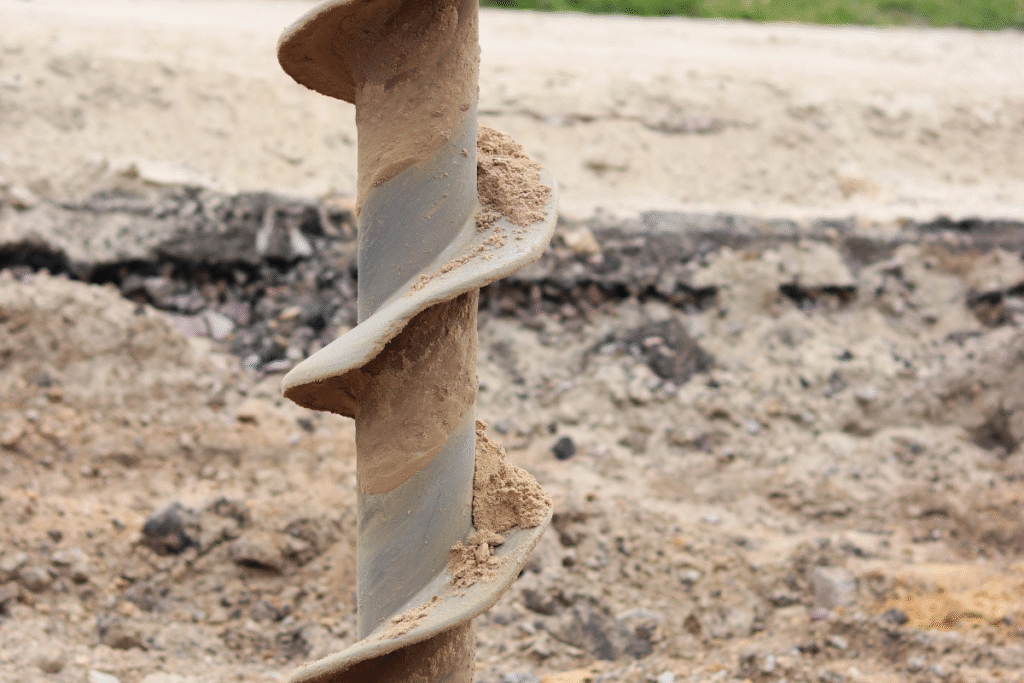 A metal auger is being used for groundworks on a farm