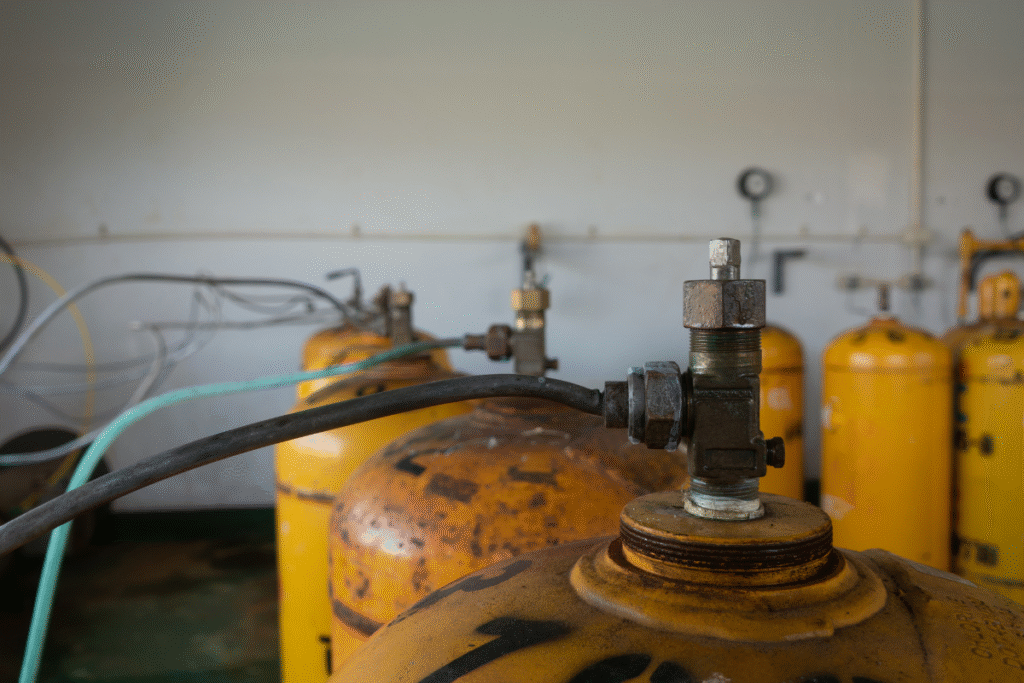 yellow chlorine gas canisters in a room