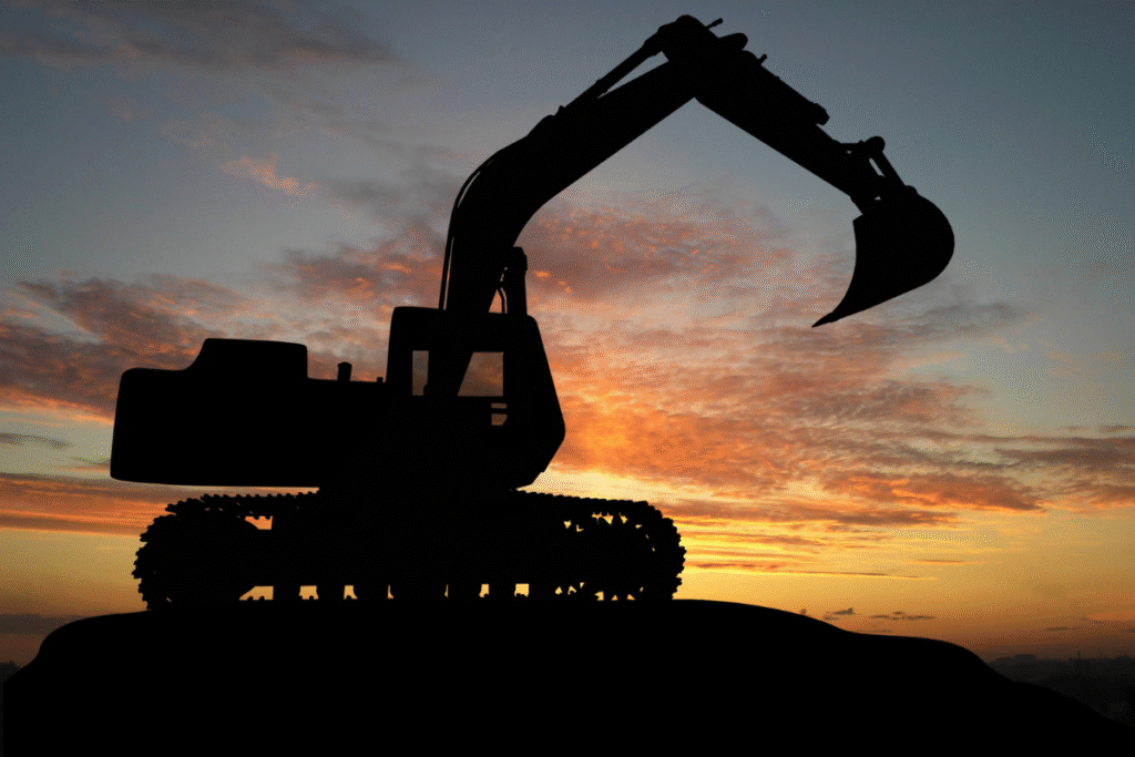 An excavator sat in the sunset on a construction site