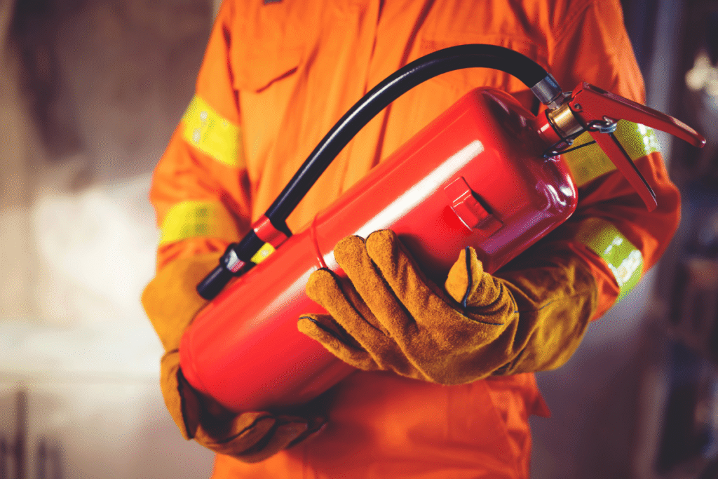 A person with fire protective wear holding a red fire extinguisher