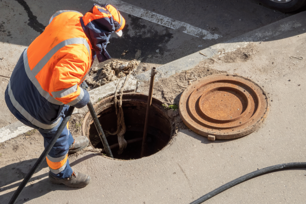 manhole and construction personnel on a residential road clearing blockage