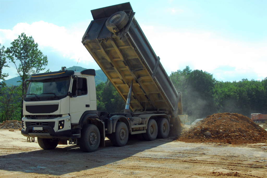 a tipper truck with its tail elevated