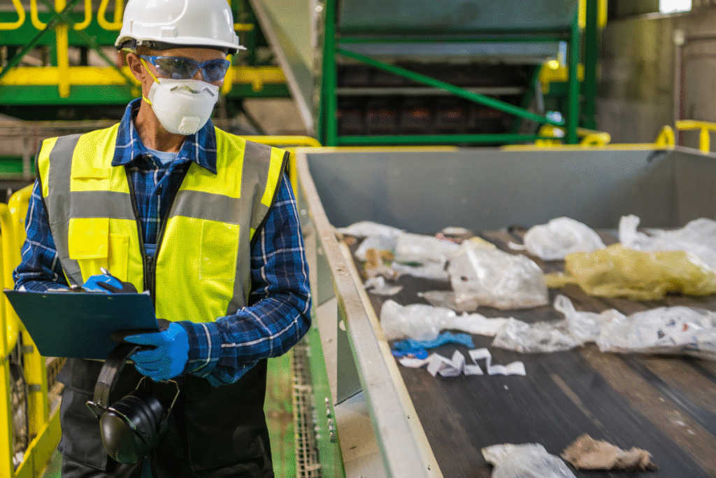 Waste and recycling training is being carried out with PPE on