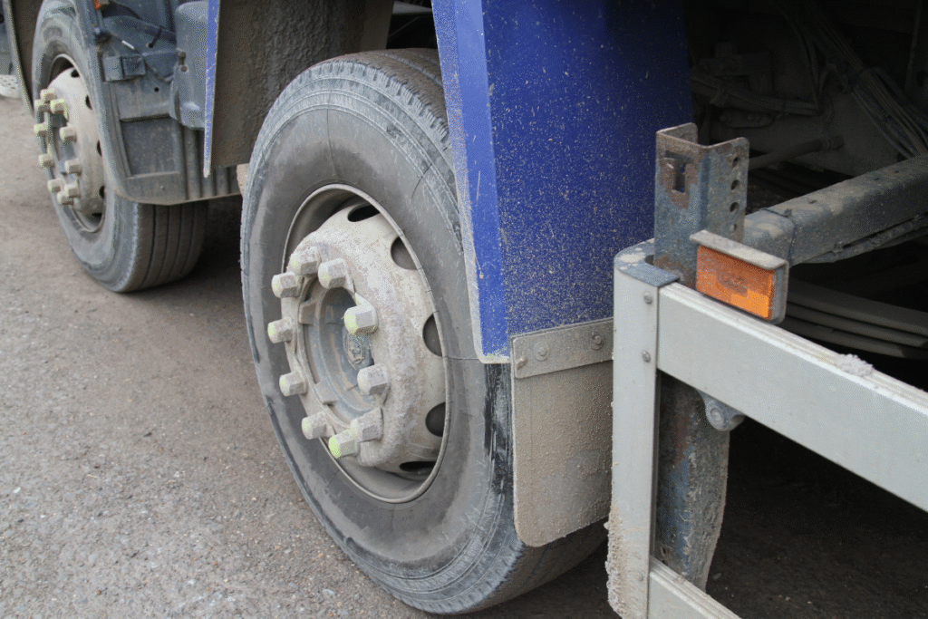 A close-up of a truck's wheels on concrete flooring