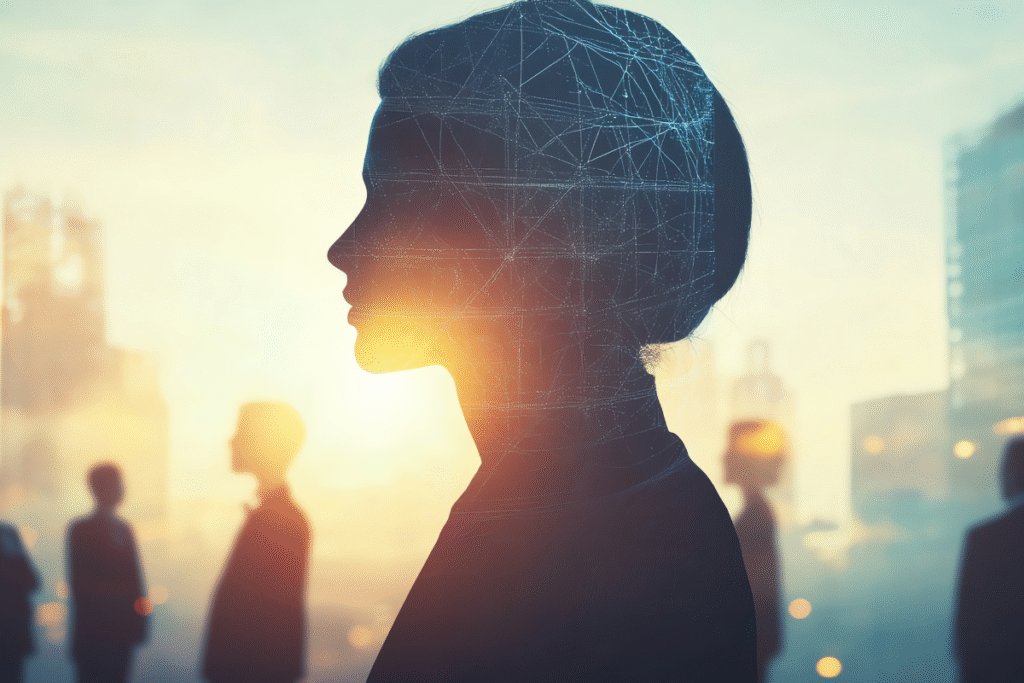 A silhouette of a person with links in their mind representing wellbeing at work