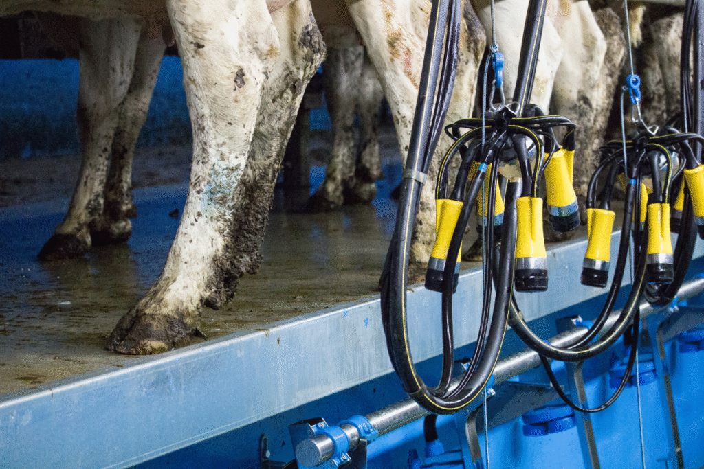The legs of cows in a farm milking pen
