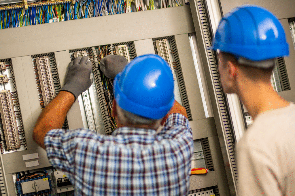 Electrician and electrician apprentice in training on electrical wires with blue safety headwear