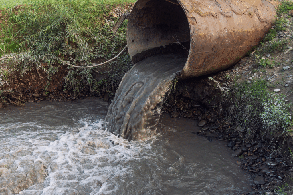 Water pollution from a sewer pipe in water