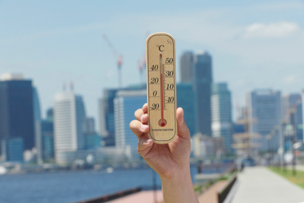 A photo of a hand holding up a thermometer which has reached 35 degrees celsius