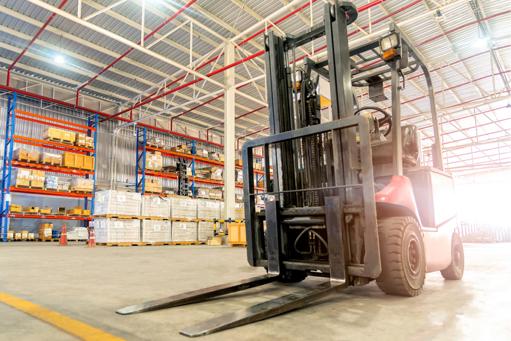 forklift truck in a large industrial warehouse