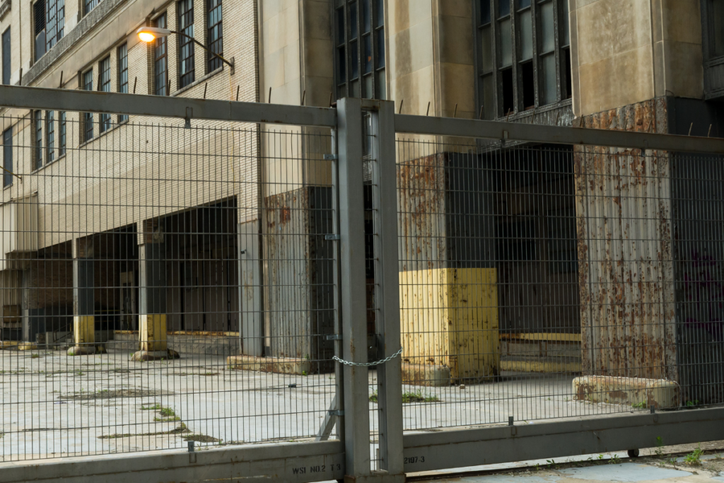 A grey large industrial gate
